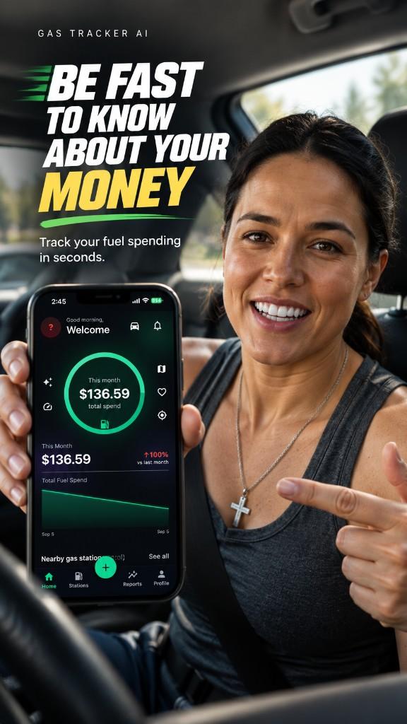 Driver viewing monthly fuel spending in Gas Tracker AI on phone.