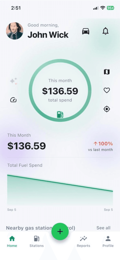 Gas Tracker AI home screen with nearby gas station section.