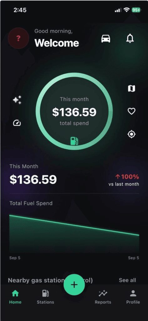 Gas Tracker AI dashboard showing monthly fuel spending.