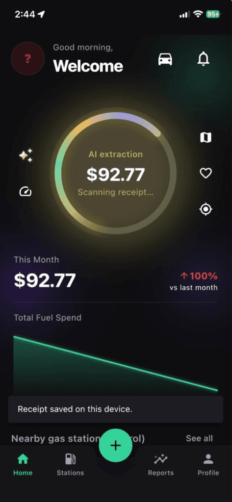 Gas Tracker AI scanning a fuel receipt with AI extraction.